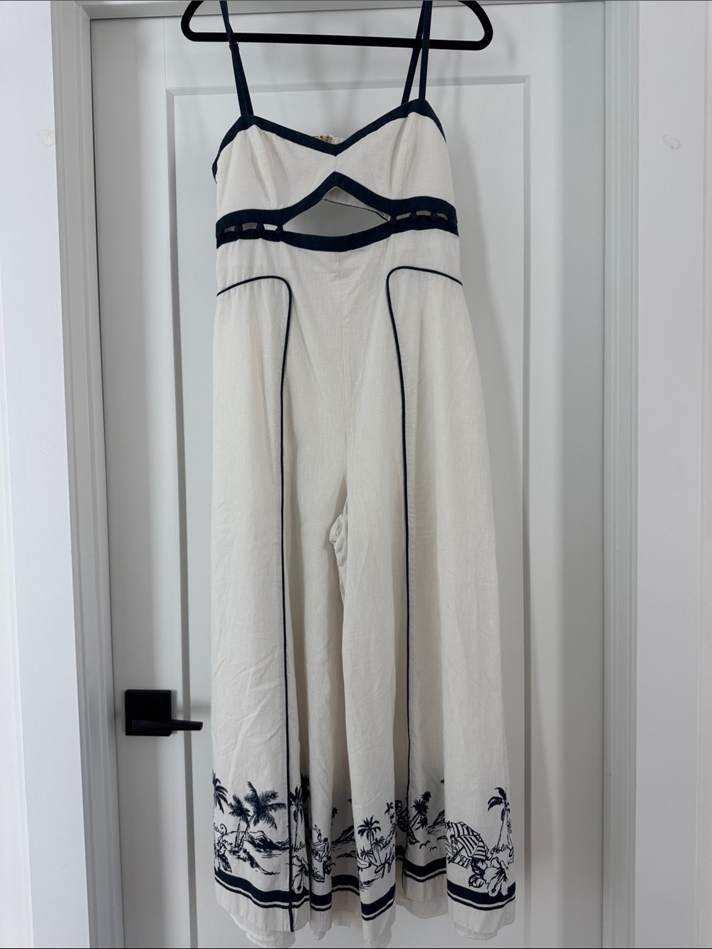Sheike Ivory Jumpsuit with Navy Trim and Tropical Hem